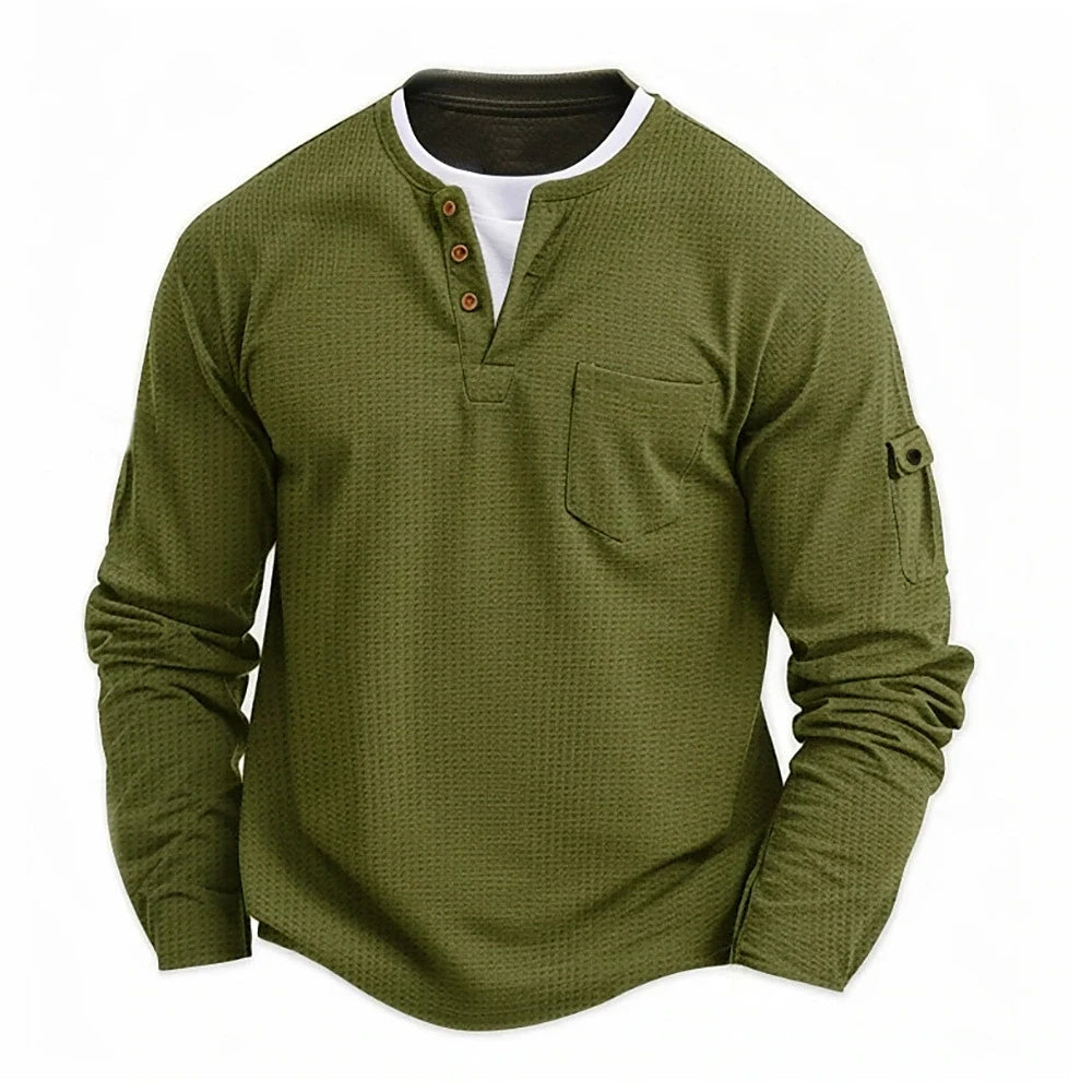 Camiseta Henley Masculina Manga Longa Casual com Botões Lisa de Algodão Waffle Falsa de Duas Peças