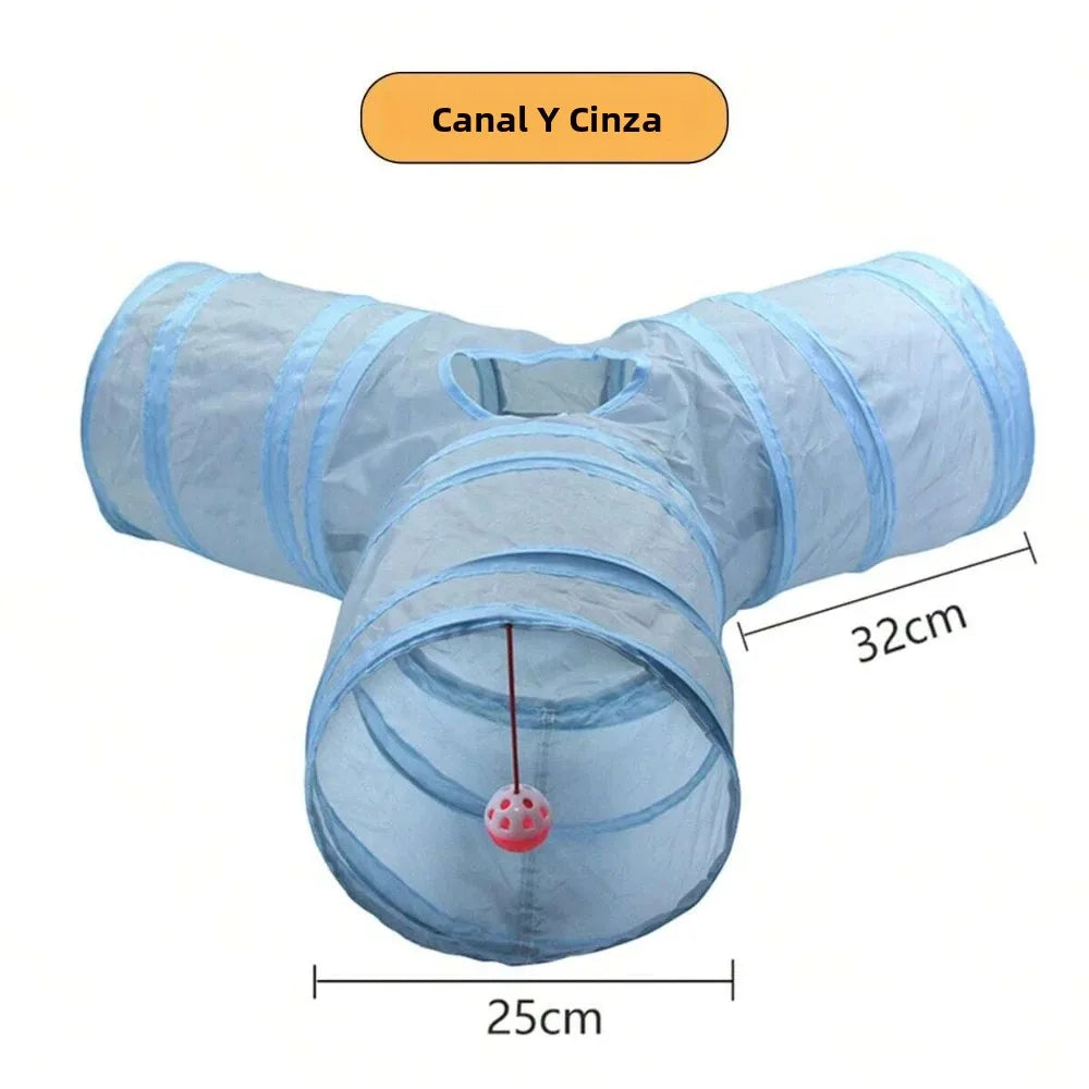 Túnel Tubo Dobrável para Gatos de Estimação 3 Vias Cinza Brinquedo Túnel para Gatinhos com Buraco de Espreitar Brinquedo Interativo de Treinamento para Animais de Estimação