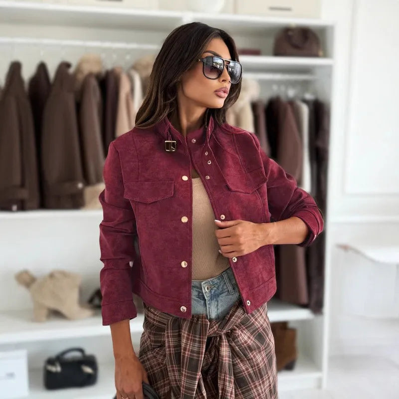 Blusão Feminino Outono Inverno Manga Longa Gola Alta Camurça Solto Casual Curto Jaqueta Top Moderno Tamanho Pequeno Moda 1 - P Marrom