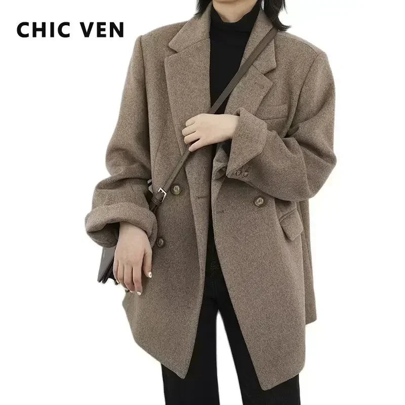 Chic Ven Casaco Feminino de Lã Mesclada Liso Médio Longo Blazer de Lã Grosso Quente Blusa Sobretudo Feminino Tops de Escritório Outono Inverno - Preto XG