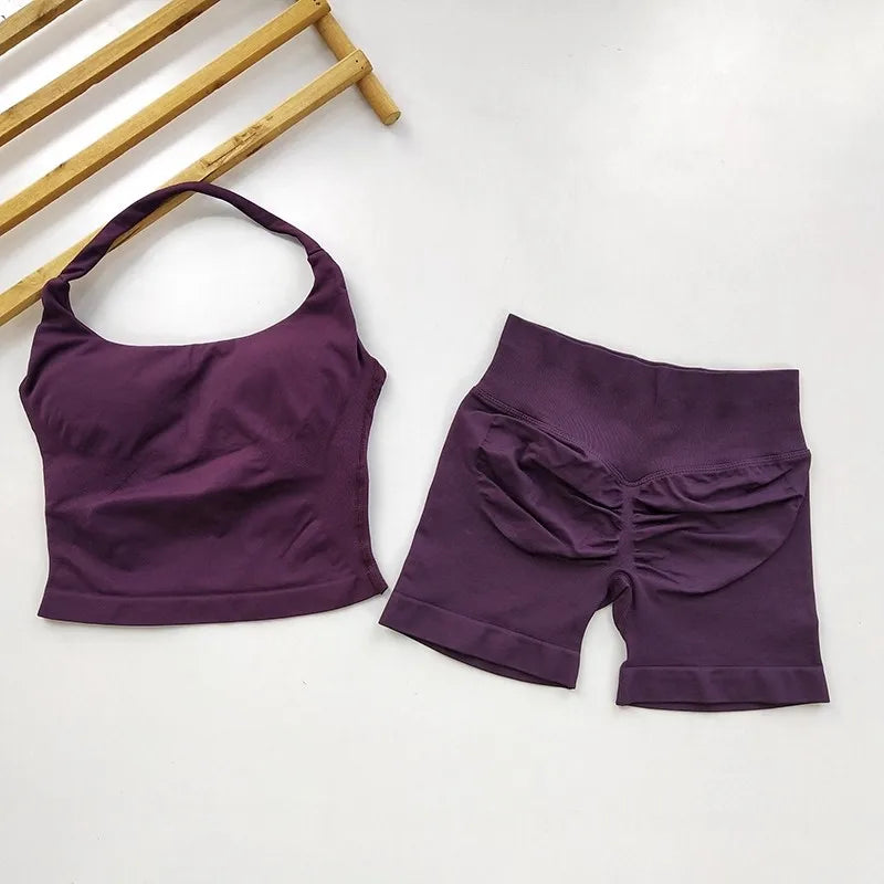 Conjunto de ginástica de 2 peças de ioga para mulheres, tops tipo halter sem costas, shorts sem costura de cintura alta, conjunto de ginástica, sutiãs esportivos de fitness, roupa esportiva, conjuntos de treino
