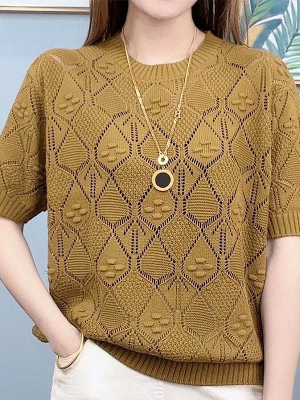 Camiseta Feminina Solta de Tricô Efeito Emagrecedor em Seda Gelada Manga Curta Verão Fina Moda Casual Vazada Decorada Co...