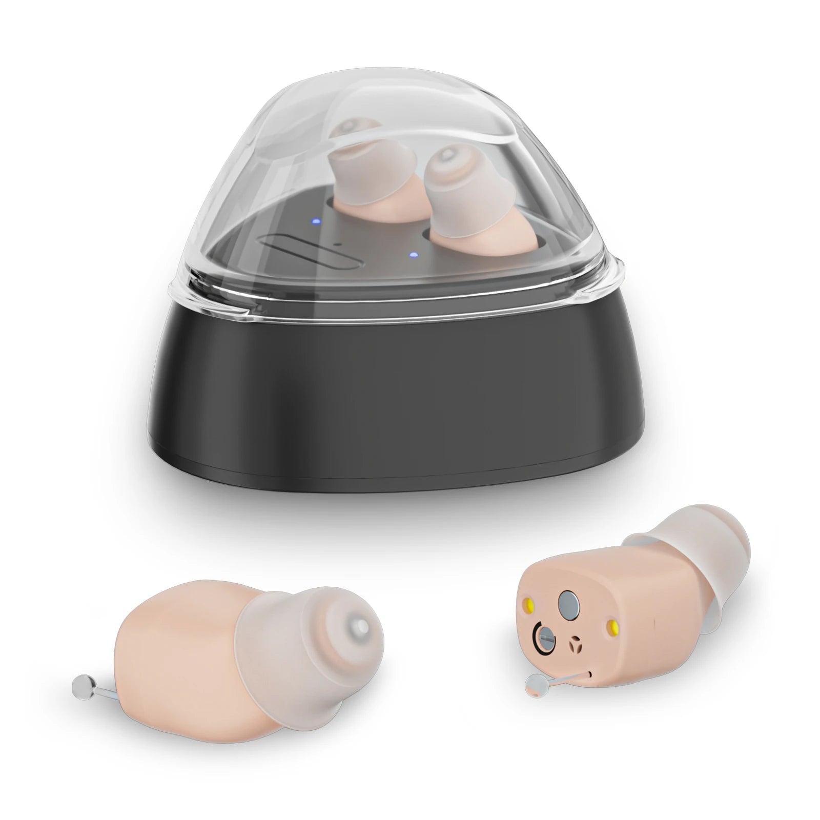 hearing earbuds amplifier, equipped with a USB charging dock, with adjustable volume, adult use as a hearing earphones aids.