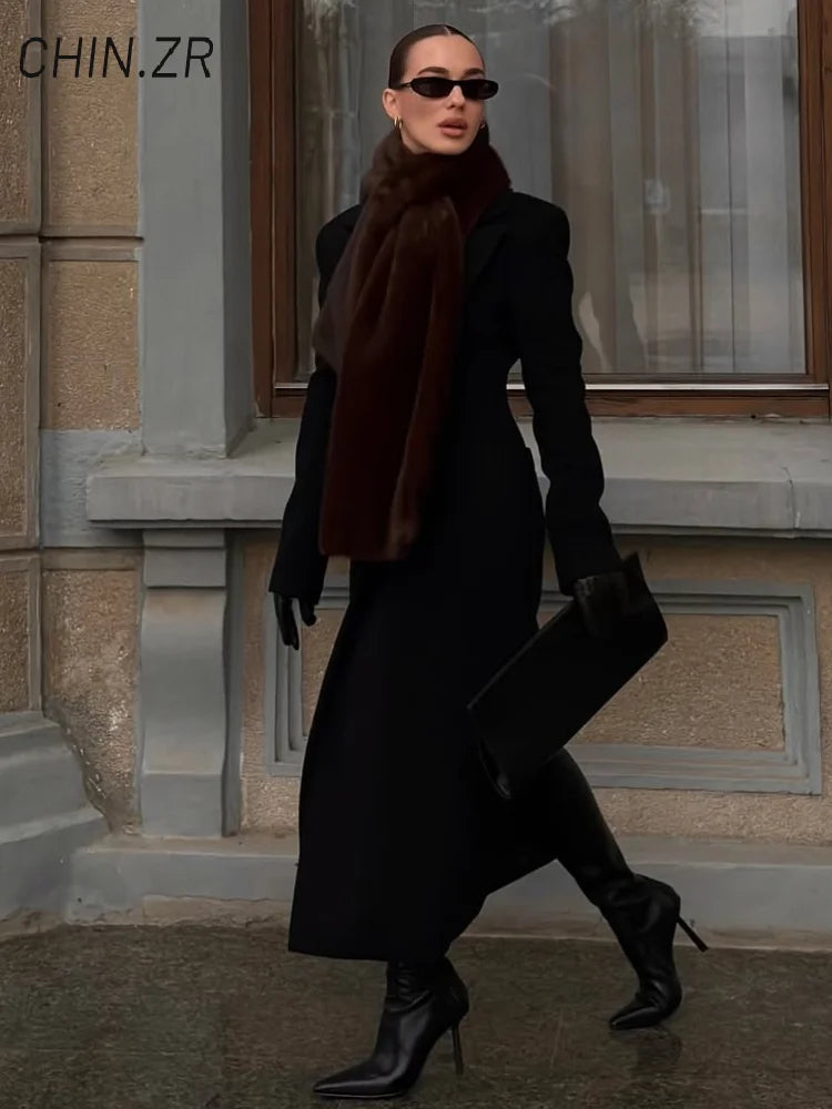 Street Cinched Waist Long Woolen Coat For Women Shoulder Pads Stand Collar Pocket Overcoats 2026 Spring Lady Commute Outwear New - Only scarf L