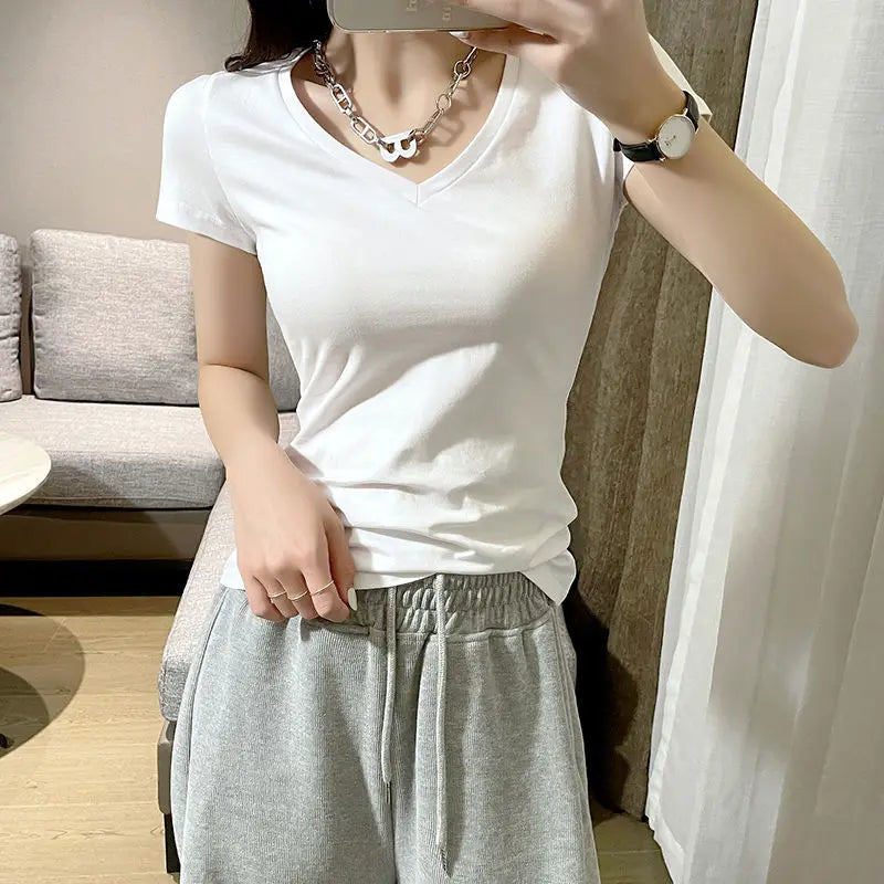 Summer Womens Slim Fit Short Sleeve T Shirt Half Sleeve Base Shirt Versatile Base Layer Top Quality Polyester Fiber Commute - M V white + v white [2-pack]
