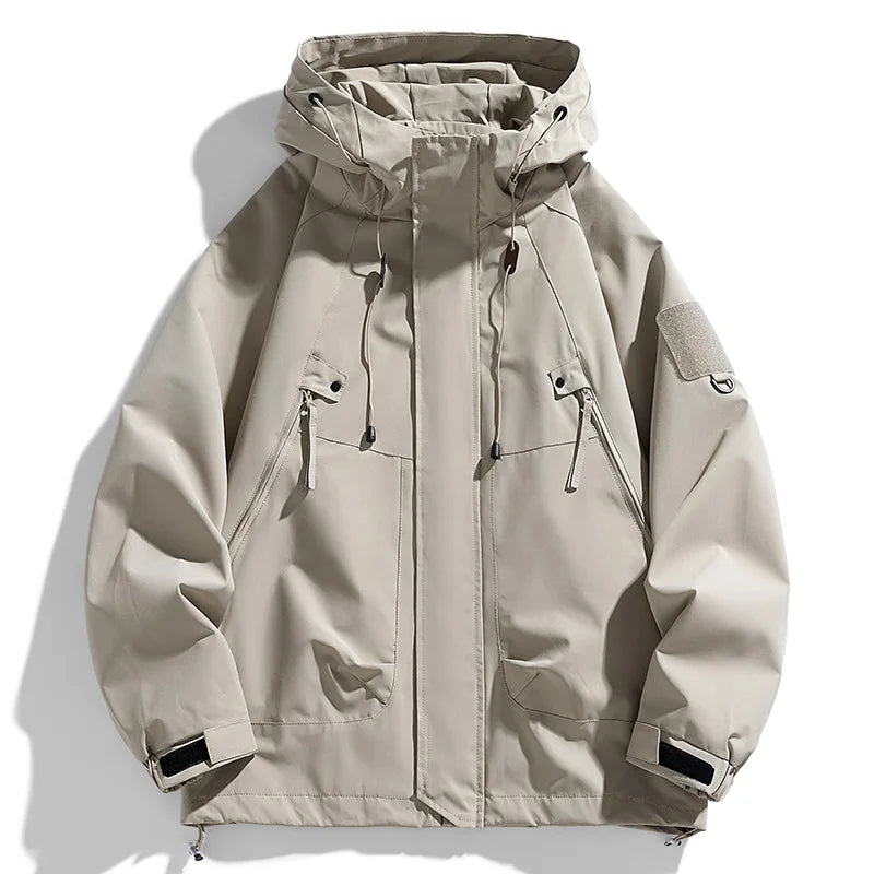Jaqueta Corta-Vento Masculina com Capuz Zíper Casaco Cargo Impermeável Preta Bomber Acampamento Solta Fina Softshell Jaqueta com Capuz para Caminhada