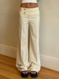 Calça Feminina Vintage Y2K Coreana Streetwear Cintura Baixa Reta Solta Bege Calça Casual Feminina Botões Básica Anos 2000