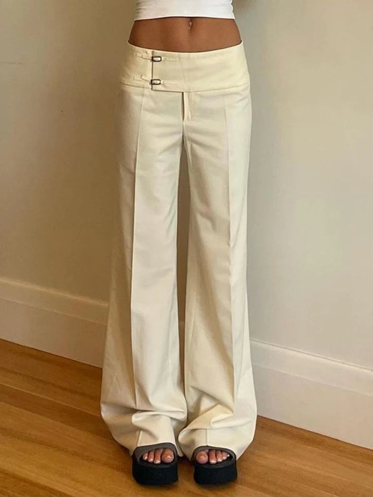 Calça Feminina Vintage Y2K Coreana Streetwear Cintura Baixa Reta Solta Bege Calça Casual Feminina Botões Básica Anos 2000