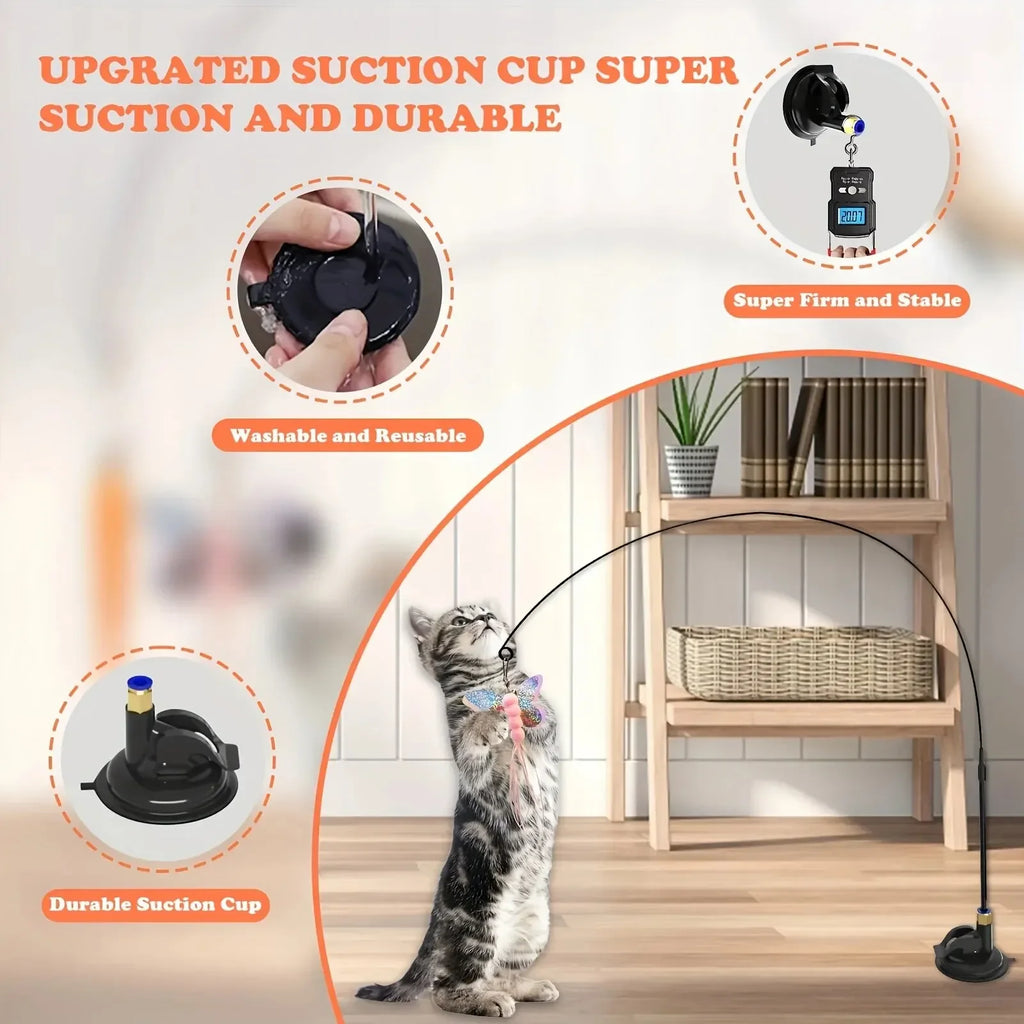 Brinquedo Interativo para Gatos com Sino e Varinha de Penas Polo Longo com Ventosa para Brincadeiras Envolventes Diversão Máxima para Gatos