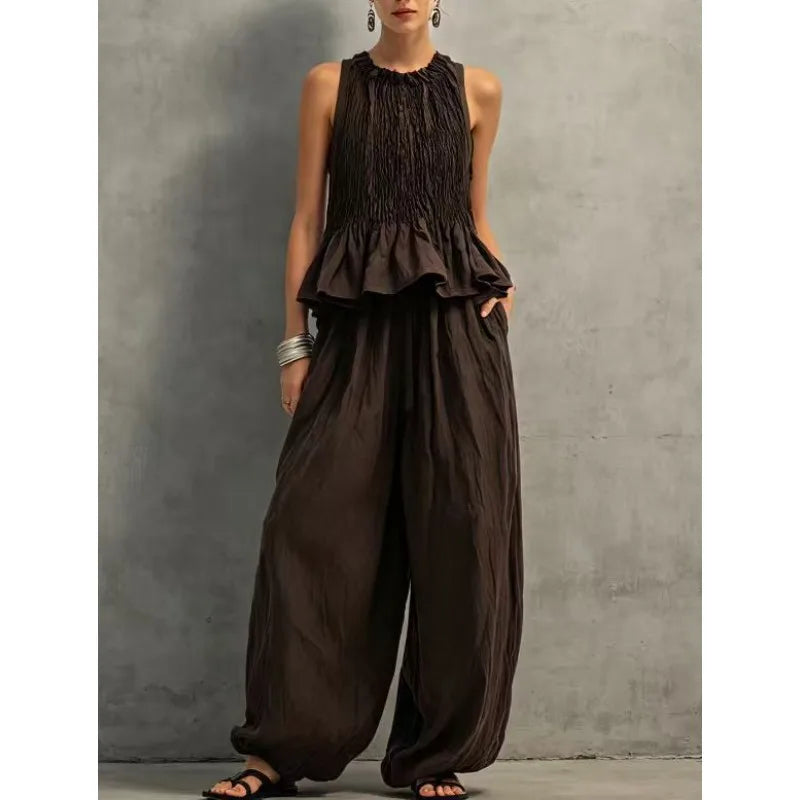 Conjunto Feminino Vintage 2 Peças Retrô, Blusa Plissada com Elástico Franzido sem Mangas e Calças Wide Leg com Manga Bufante, Conjunto Casual de Verão para Descansar em Casa