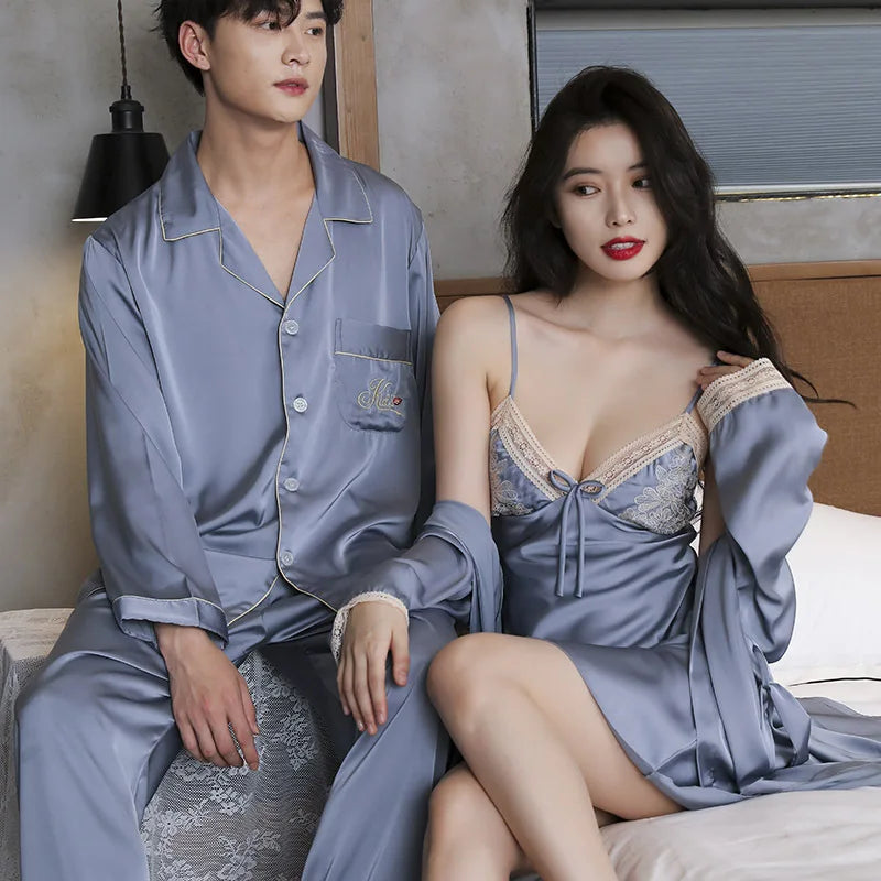 Pijama Masculino e Feminino em Seda Gelo para Casal - Pijama Masculino com Camisa e Calça, Nightdress Feminino de Renda com Robe