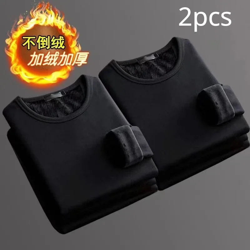 2 Peças Cueca Masculina Inverno Camiseta Térmica de Manga Comprida Acolchoada de Veludo Gola Redonda Cor Sólida Blusa de Baixo Fina