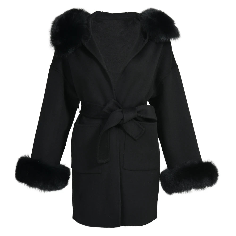 Jxwatcher Casaco de Lã e Misturas de Moda, Comprimento Médio, Jaqueta de Cashmere com Capuz, Gola e Punhos de Pele de Raposa 100% Real, Casaco de Inverno para Mulheres