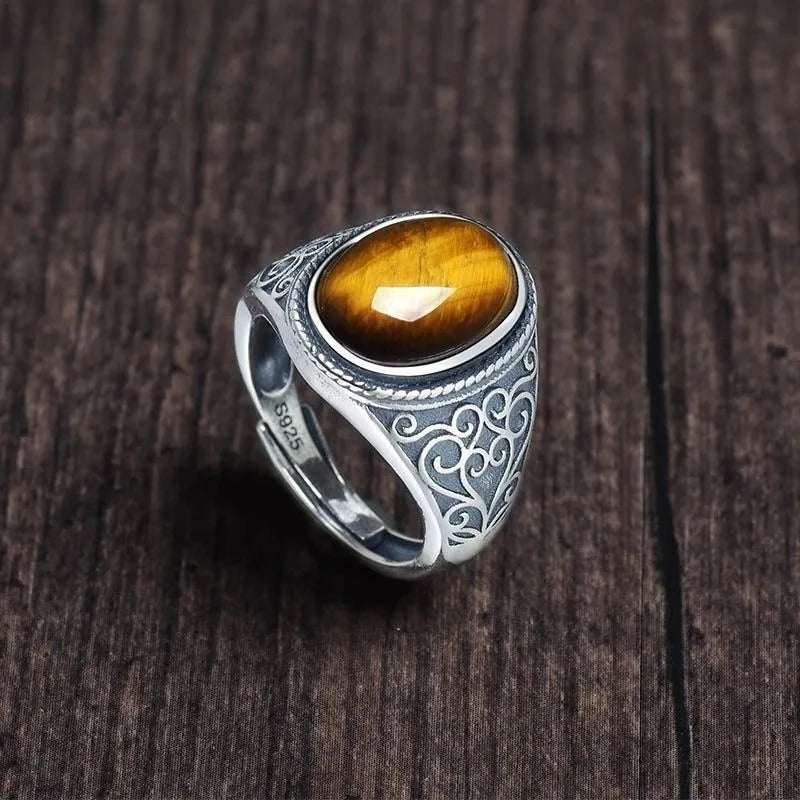 Anel Masculino de Prata Esterlina 925 Vintage com Pedra Natural Olho de Tigre 10*14MM Estilo Retrô Grande Joia Fina