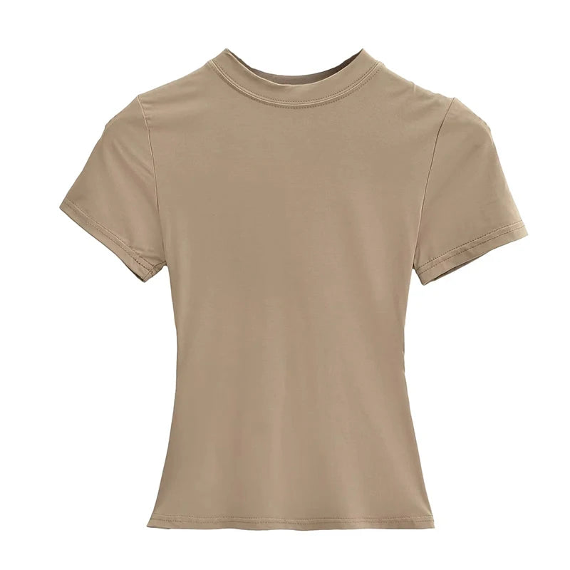 2025 New High Quality Casual T Shirt Sexy Slim Short Sleeves Fashion Trend Solid Women Clothing Y2K Tops 2 - Khaki M