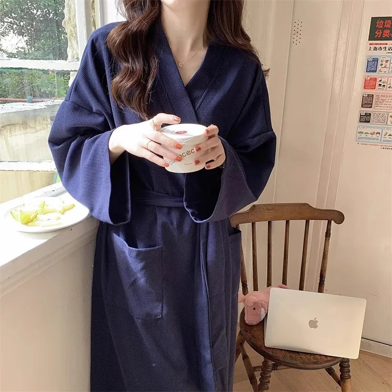 Robe luxuoso com textura Waffle: Robe feminino de manga longa, verão, roupa de dormir, camisola, roupa de dormir