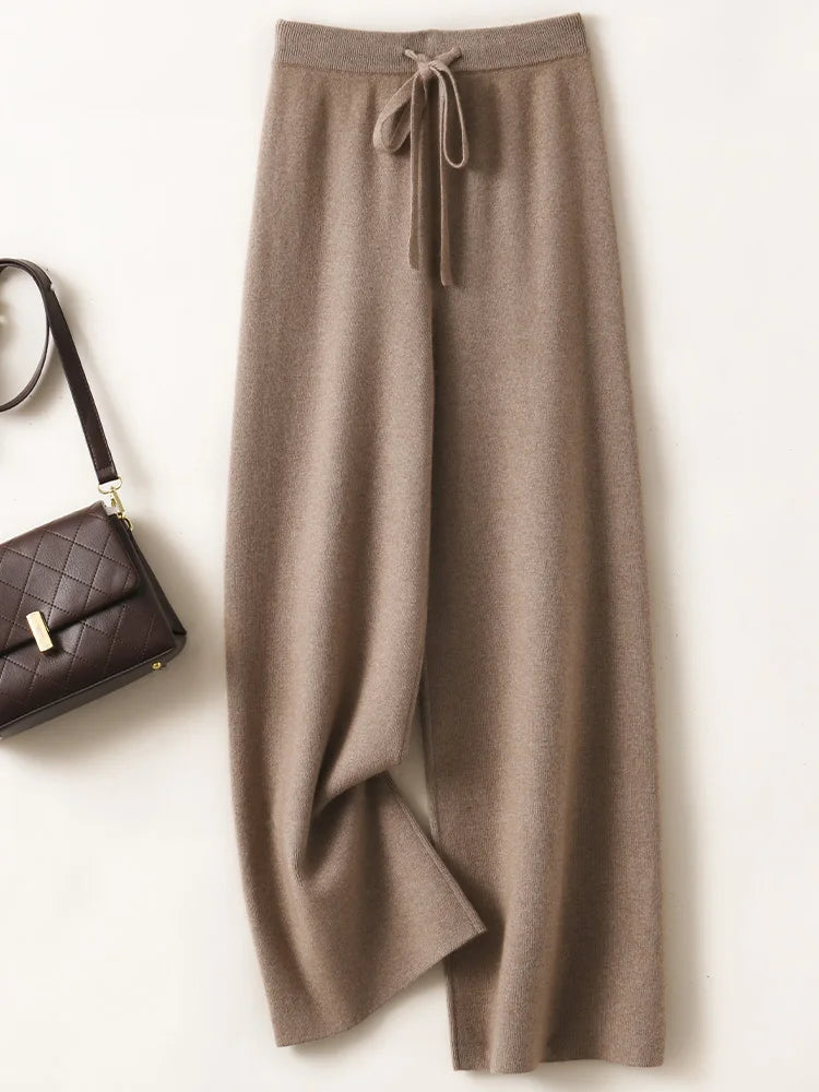 Calças Femininas Outono Inverno Básicas Macias Casuais com Faixas Calças de Malha de Lã Merino 100% Coreanas Populares - Gaoya Camel M