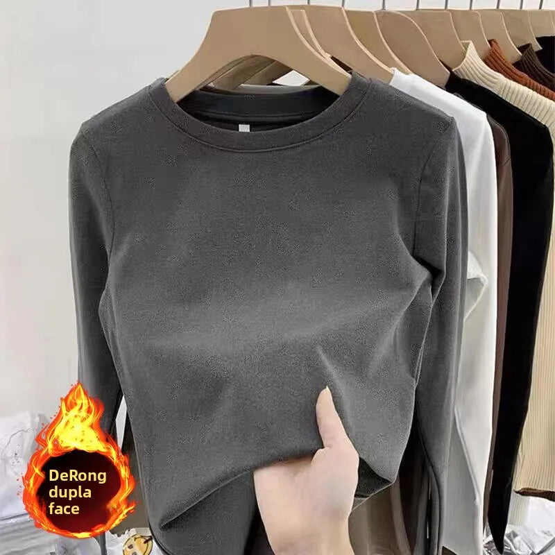 Camiseta Gola Redonda Feminina Outono Inverno 2026 Novo Estilo Cor Pura Ajuste Slim Interior Em Fleece Grosso Manga Longa - S 501 temperamento cinza escuro