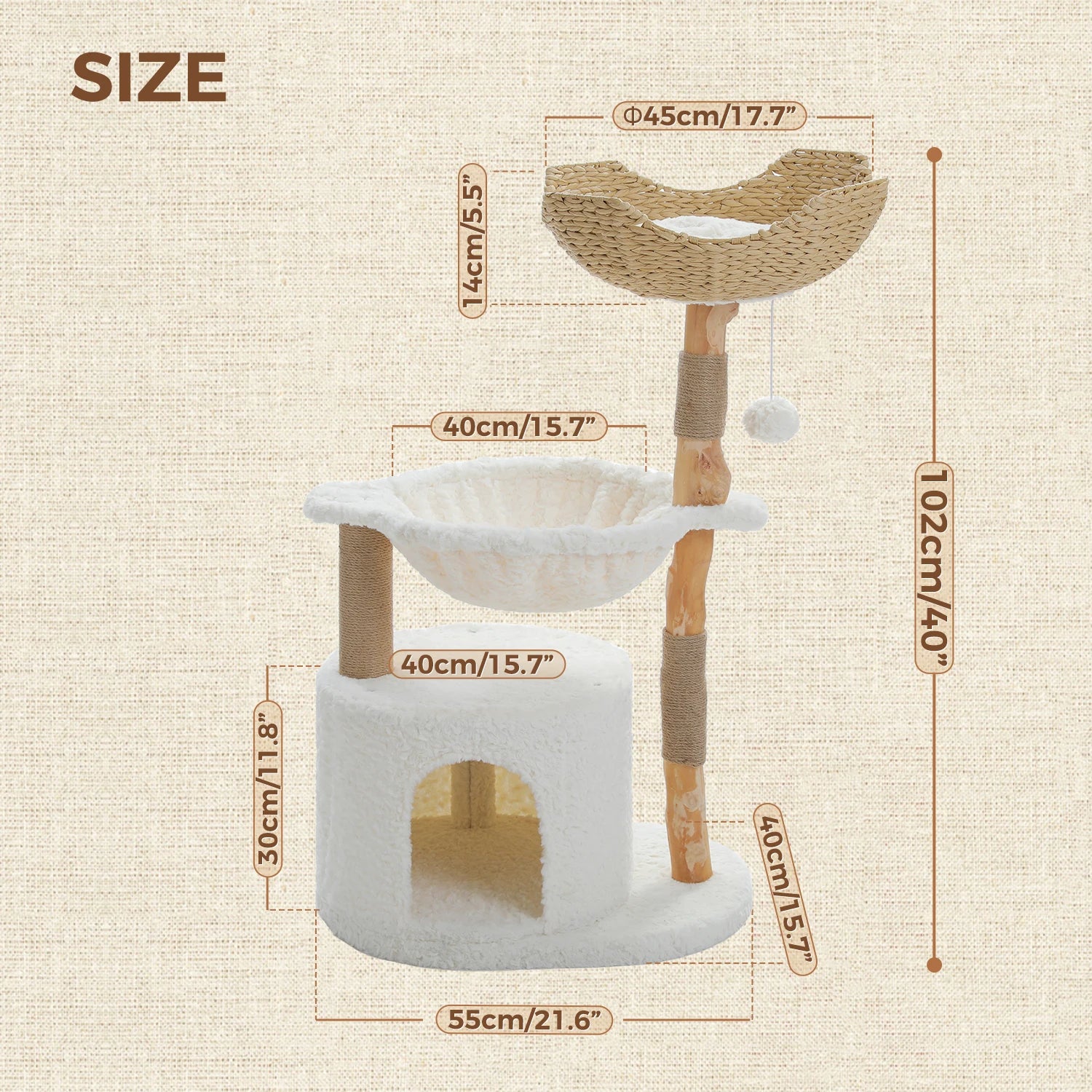 Solid Wood Cat Tree Tower with Spacious Condo Flower Perches Pom Poms Scratching Posts Cozy Bed for Indoor Cats Kitten Play