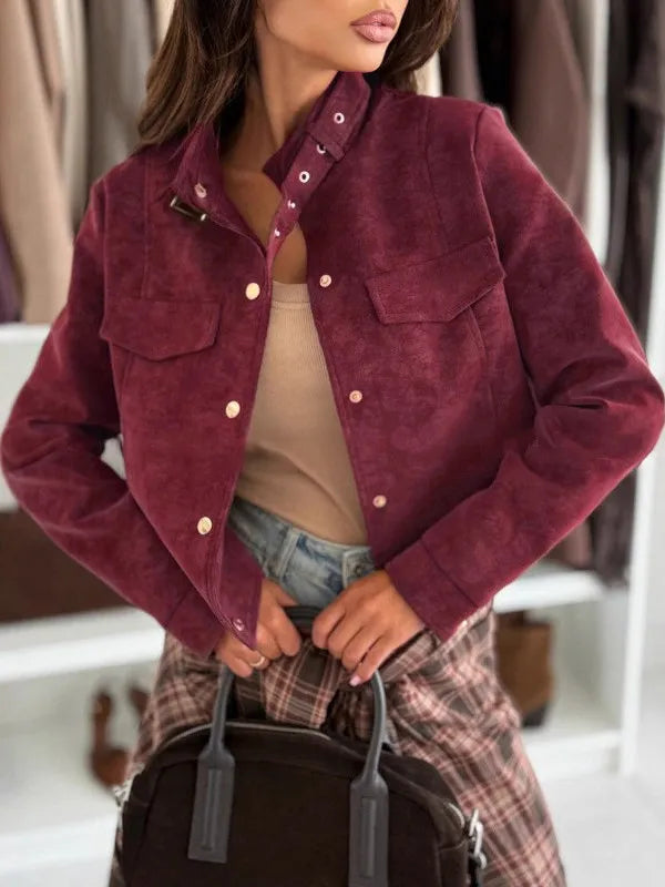Jaqueta Feminina Outono Inverno Manga Comprida Gola Alta Camurça Solta Casual Curta Casaco Top Moderno Tamanho Pequeno Moda