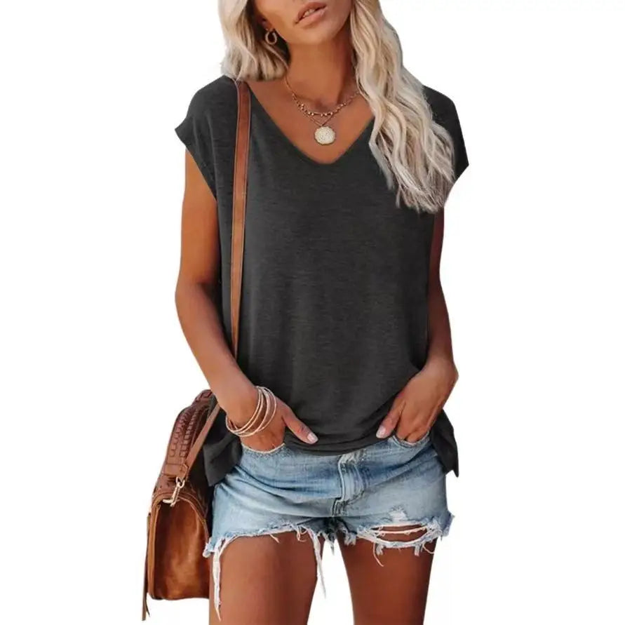 Camiseta Feminina de Verão 2026 Casual Gola V Manga Morcego Caimento Solto Básico Blusa Lisa Plus Size - Azul GGG