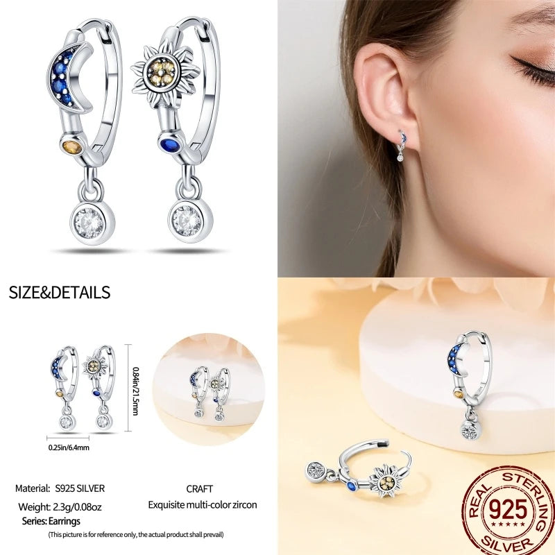 925 Sterling Silver Moon Universe Starry Sky Series Charm Earrings Women Blue Shiny Zircon Daily Wear Jewelry