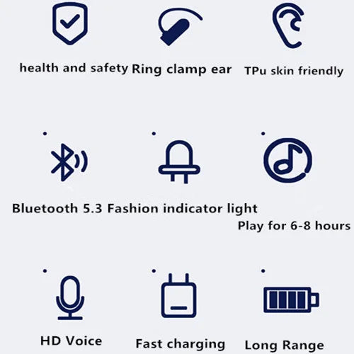 Fone de Ouvido Bluetooth 5.3 com Microfone e Clipe de Orelha TWS Sem Fio Único de Ouvido HD HiFi Estéreo Controle por Toque Esportivo