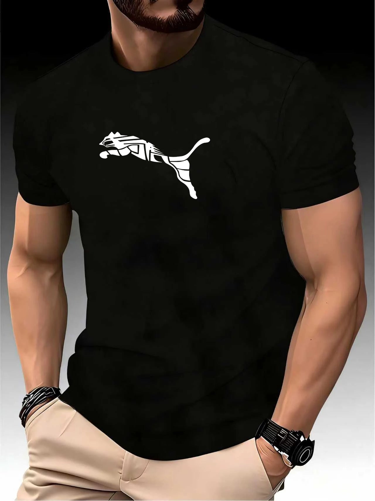 Camiseta Masculina Estampa Leopardo Raposa Gola Redonda Casual Estilo Y2K Fitness Esportiva