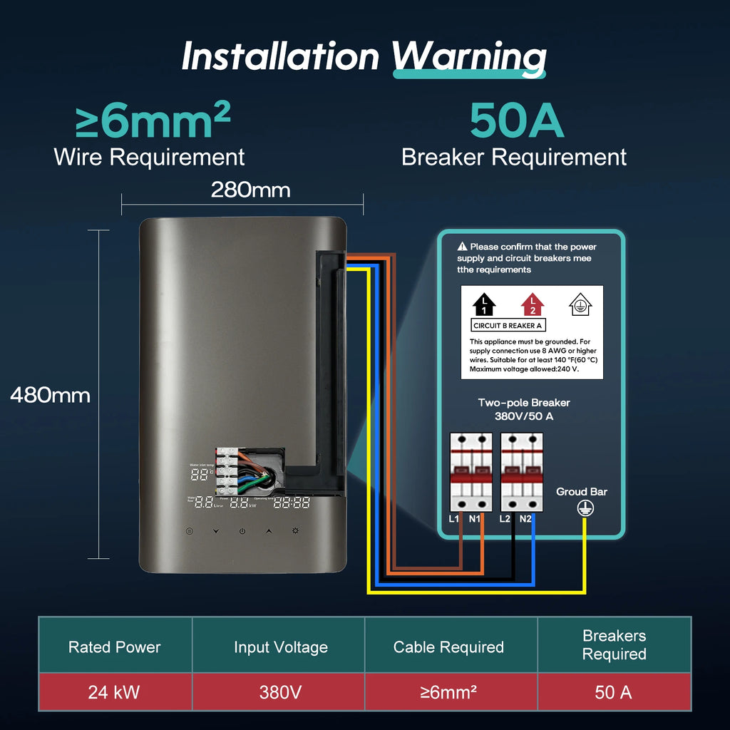 Aquecedor de Água Elétrico Sem Tanque Trifásico 380V 24KW para Casa Toda, Água Quente Instantânea, Grande Fluxo, Aquecimento Rápido, Temperatura Constante