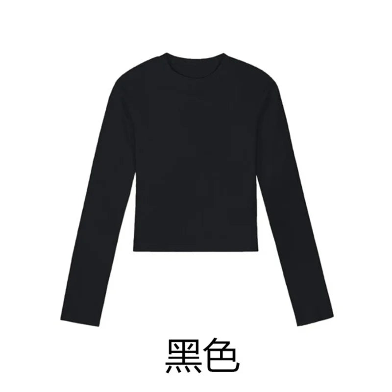 Cotton O Neck Long Sleeve Shirt Women Sexy Cropped Tops 2026 Autumn Black Casual Skinny Slim Basic Woman T Shirts White Clothing - White M