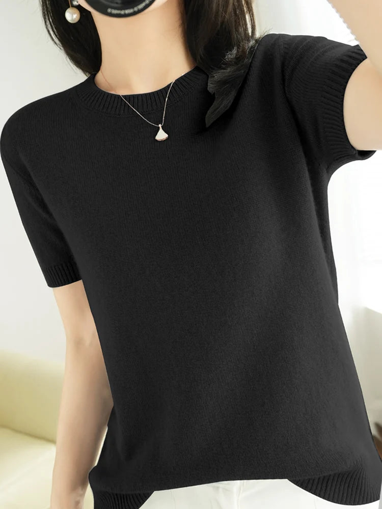 Summer New Loose Short Sleeve Knitted Woolen T Shirt Womens Thin Cotton V Neck Half Sleeve Top Outerwear Commute Style 1 - Xl Pink