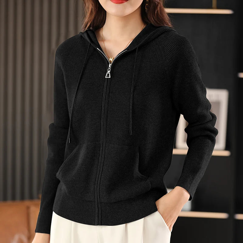 Cardigã Feminino Outono Inverno Gola Dobrável Zíper Frontal Cardigã Grosso Solto Suéter Básico Quente Tricô Casual Coreano Casaco - preto XL