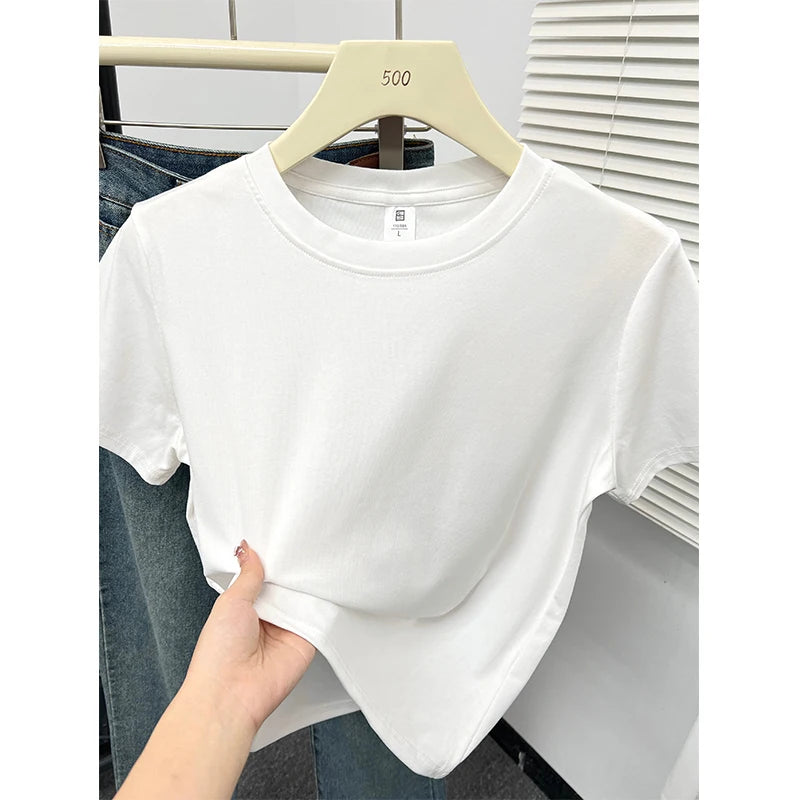 2026 Verão Nova Camiseta Casual de Alta Qualidade Sexy Manga Curta Tendência da Moda Sólida Roupa Feminina Blusas Y2k