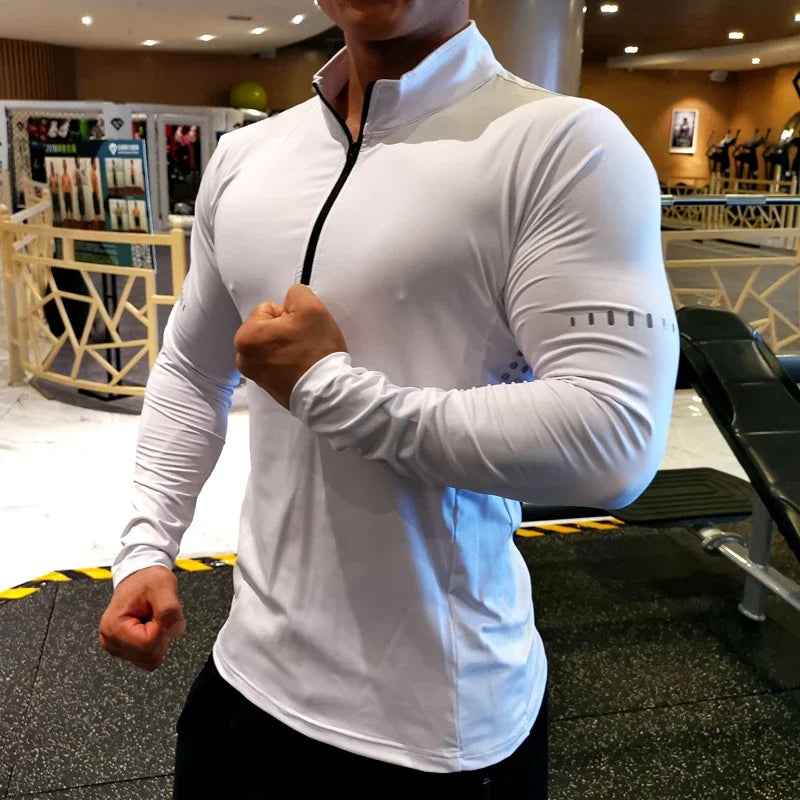 Camisa Masculina Manga Longa Compressão para Corrida Secagem Rápida Academia Fitness Ciclismo Zíper Rashguard