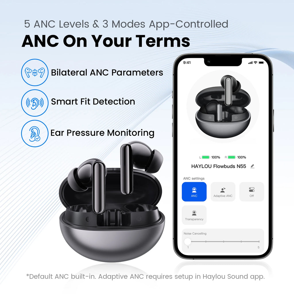 Fones de ouvido sem fio HAYLOU Flowbuds N55 ANC adaptativo de 54dB Bluetooth 6.0 Áudio LDAC Hi-Res 6 microfones para chamadas HD Reprodução de 40H IPX5