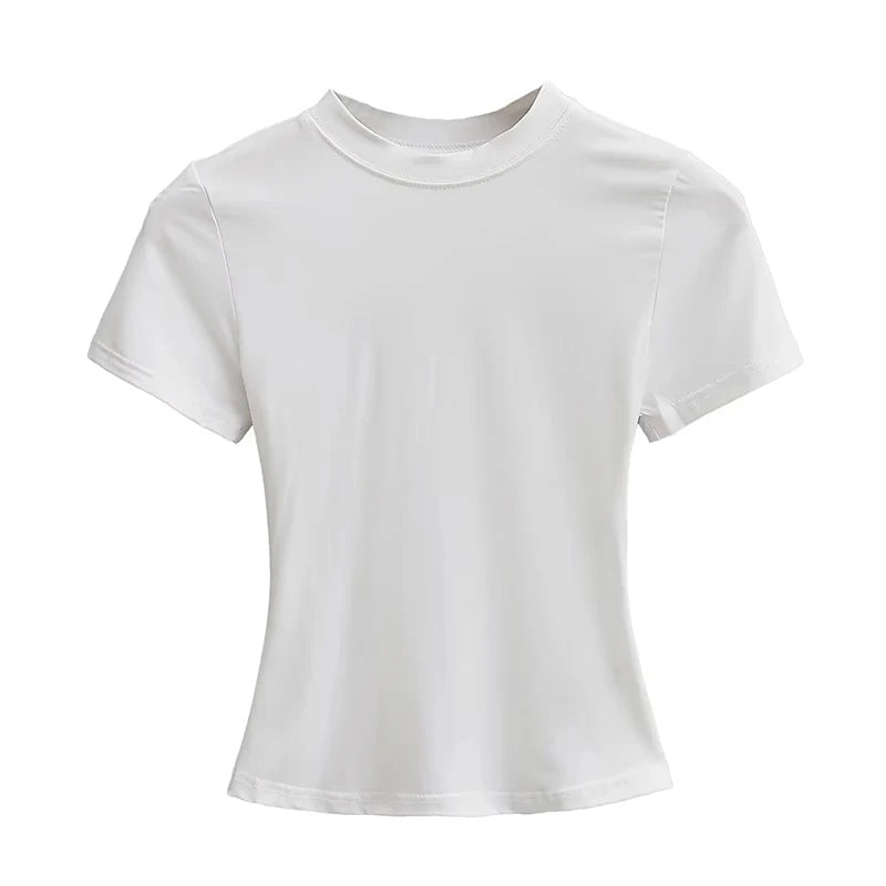 2025 Nova Camiseta Casual de Alta Qualidade Sexy Slim Manga Curta Tendência da Moda Cor Sólida Roupa Feminina Blusas Y2K 2 - Caqui M