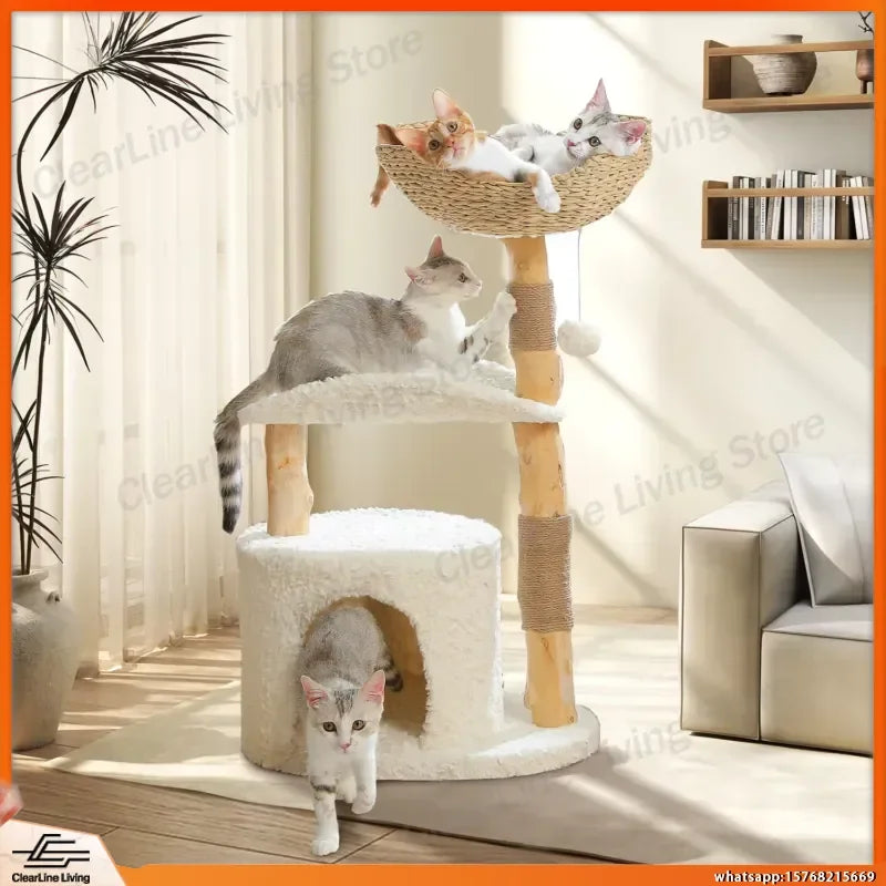Solid Wood Cat Tree Tower with Spacious Condo Flower Perches Pom Poms Scratching Posts Cozy Bed for Indoor Cats Kitten Play