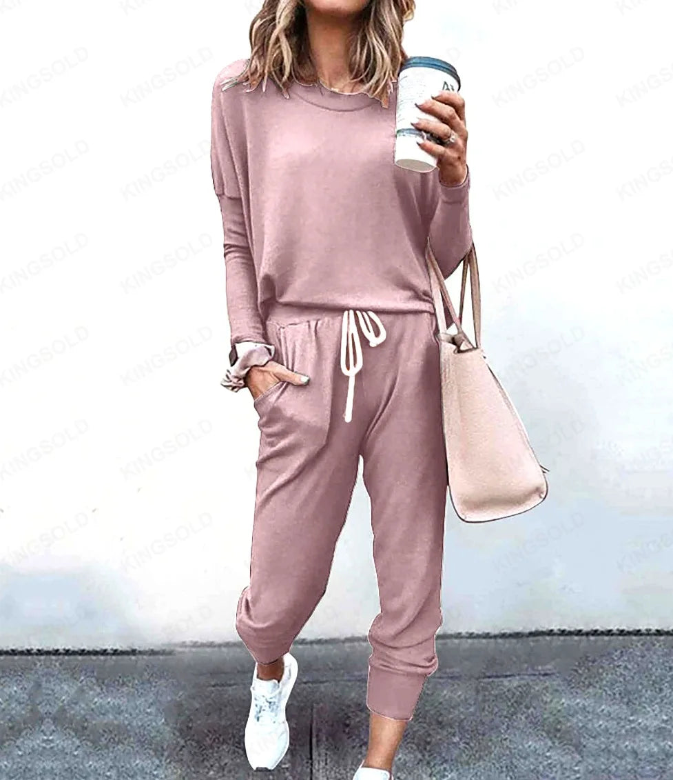 Conjunto Feminino Casual de Duas Peças com Blusa de Manga Comprida e Calça com Cordão para Ficar em Casa