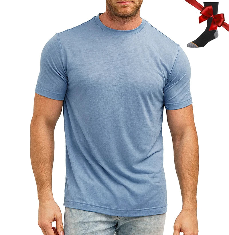 Camiseta Masculina 100% Lã Merino Super Fina Camada Base de Lã Merino que Absorve a Umidade Respirável de Secagem Rápida Antiodor + Meias de Lã Merino