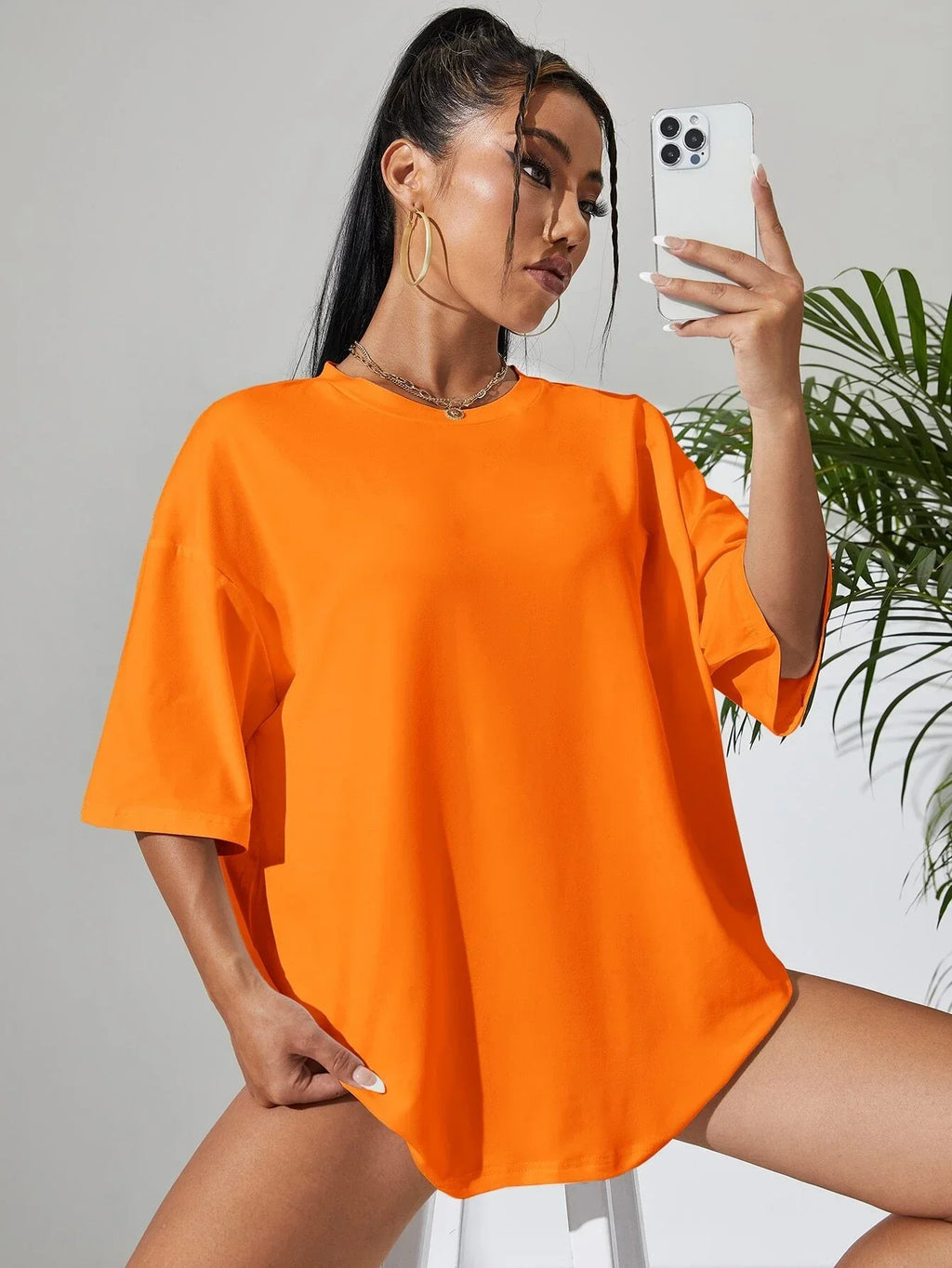 Camiseta Feminina de Manga Curta Cor Sólida para Fitness, Algodão Macio, Respirável e Confortável, Roupa Básica Versátil, Blusa Soltinha - Laranja M