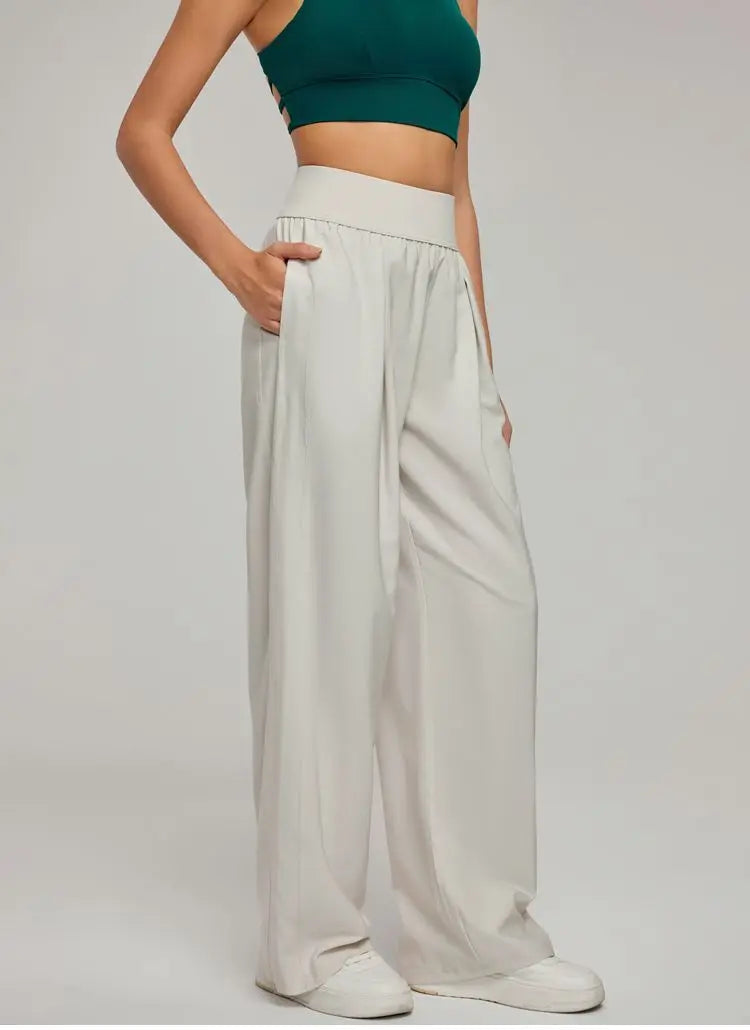 Calças Femininas Perna Larga Cintura Alta Solta Calças de Verão Casuais para Yoga Caimento Respirável Calça de Ginástica e Lazer Roupa Feminina
