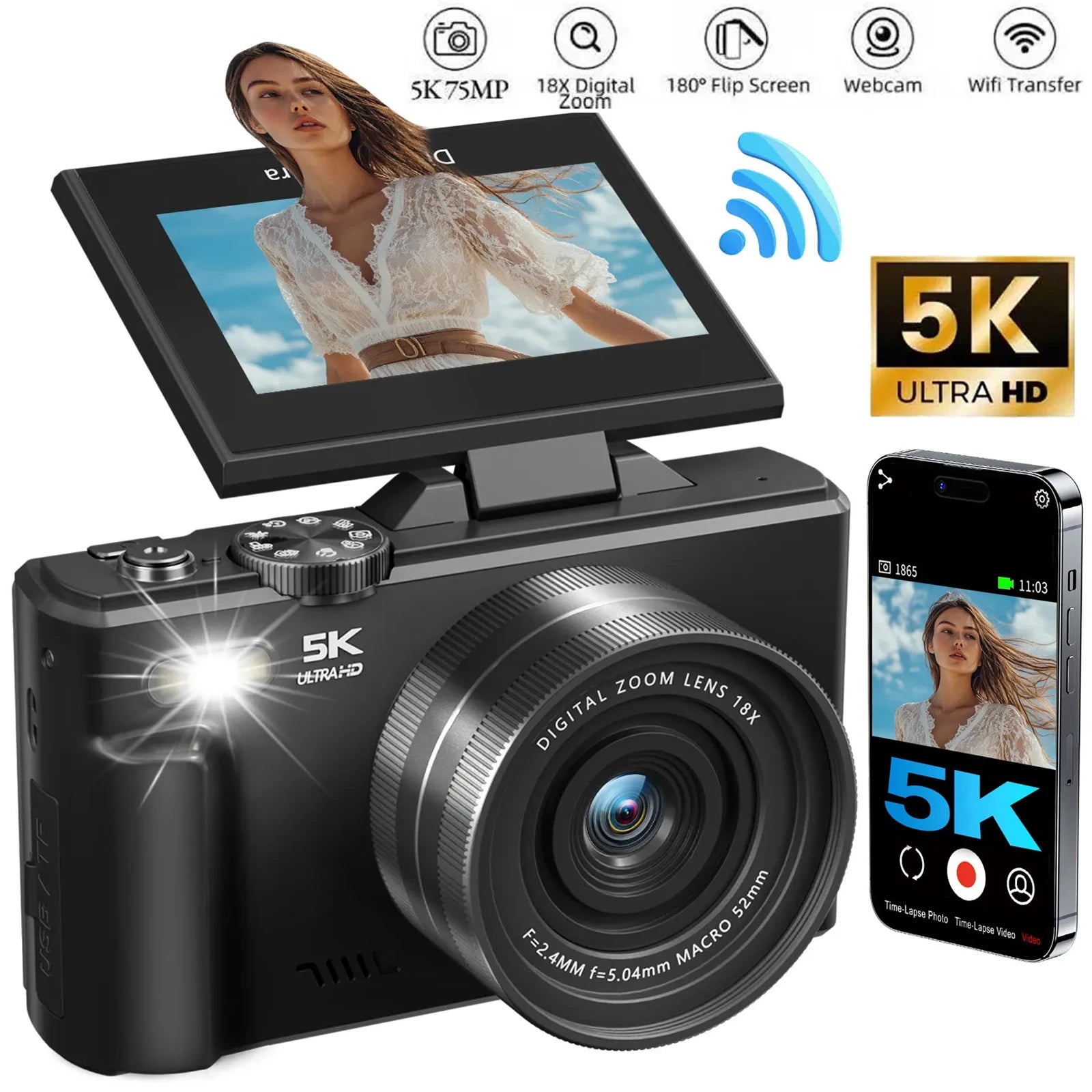75MP Digital Camera 5K 18X Zoom 180° Flip Screen WiFi Vlog