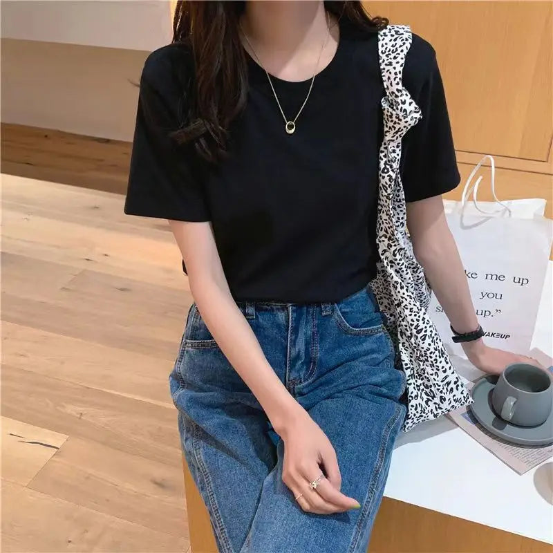 Camiseta Feminina Manga Curta Algodão Gola O Solta Preta Branca Básica Fina Tops Moda Harajuku Casual Roupa Exterior Camisetas - preta P