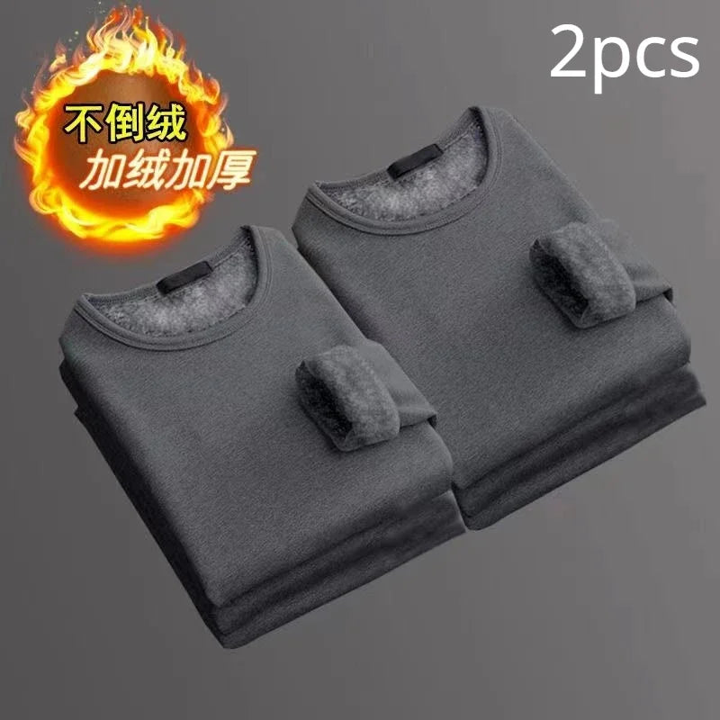 2 Peças Cueca Masculina Inverno Camiseta Térmica de Manga Comprida Acolchoada de Veludo Gola Redonda Cor Sólida Blusa de Baixo Fina