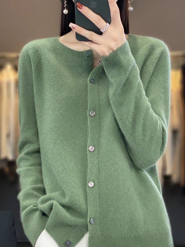 Suéter Feminino de Cashmere 100% Lã Merino Cardigã de Malha Outono Inverno Malharia Gola Redonda Feminina Cor Sólida Casual Top de Moda