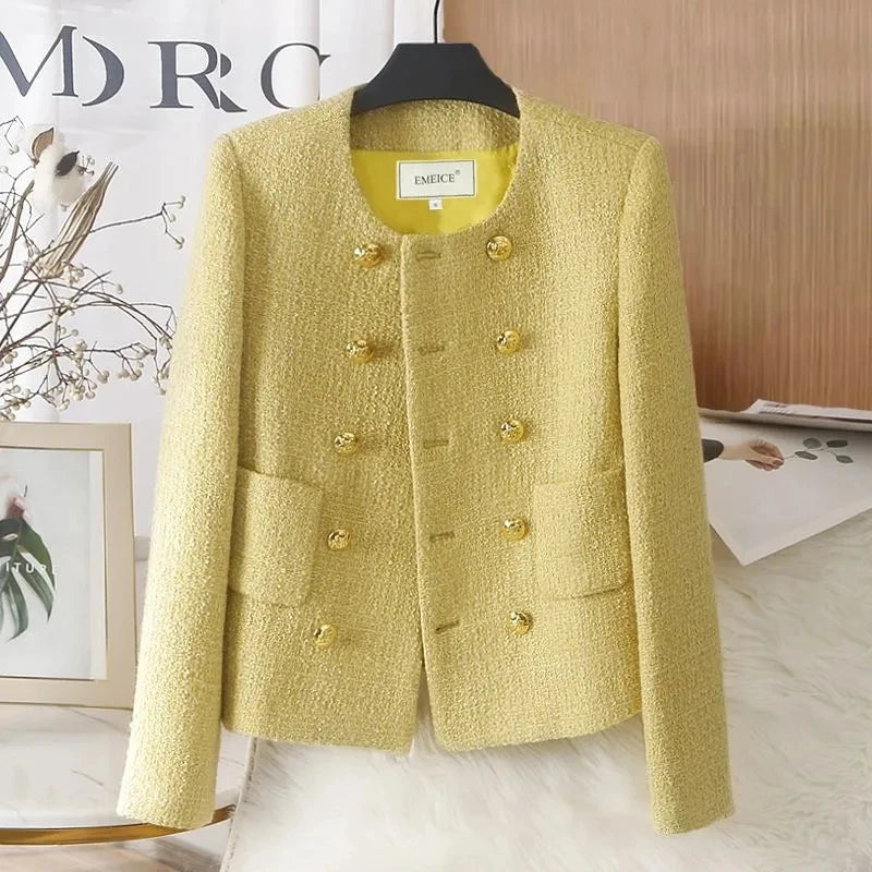 Ladies Woolen Jacket 2024 Autumn Winter Double-Breasted Slim Female Coat Versatile Coarse Tweed Temperament Women Wool Overcoat