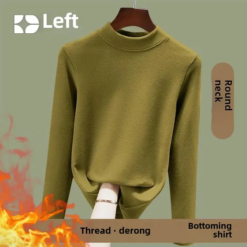 Warm Long Sleeve Crew Neck T Shirt Fashionable Spring Commute Thermal Base Layer Shirt Single Dual Threaded Velvet Polyester Fib - L ([recommended 50.00 kg-57.50 kg]) Elegant green [A046 single piece]]