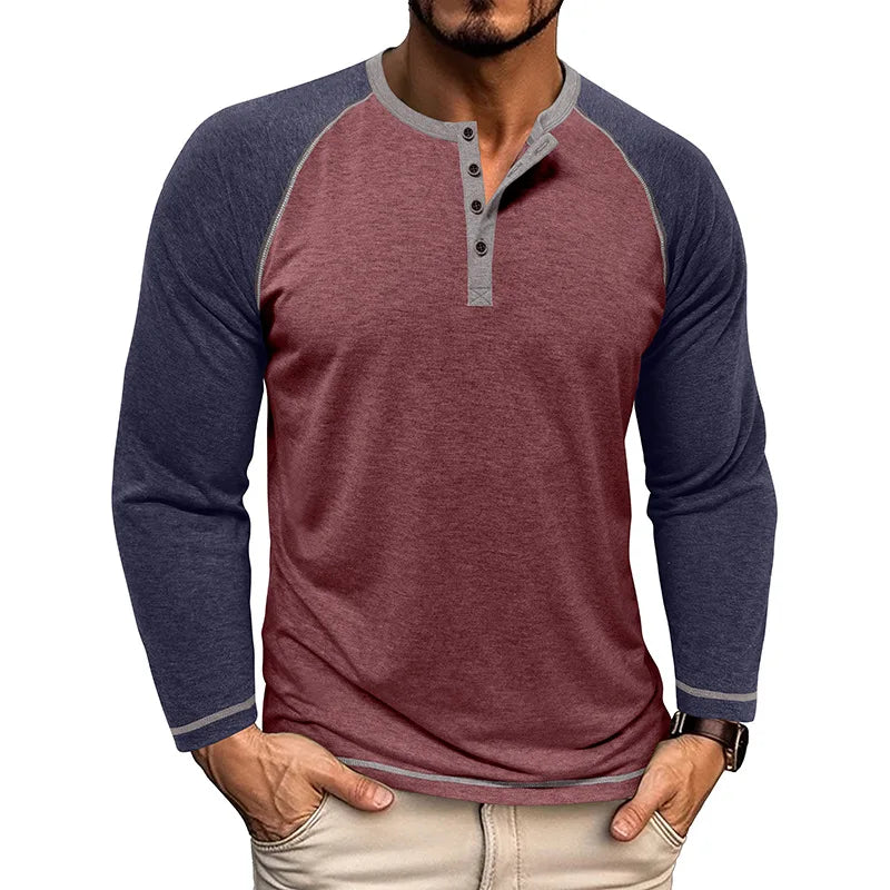Nova Camiseta Masculina de Manga Raglan com Gola Henry de Manga Longa Outono e Inverno Estilo Europeu e Americano