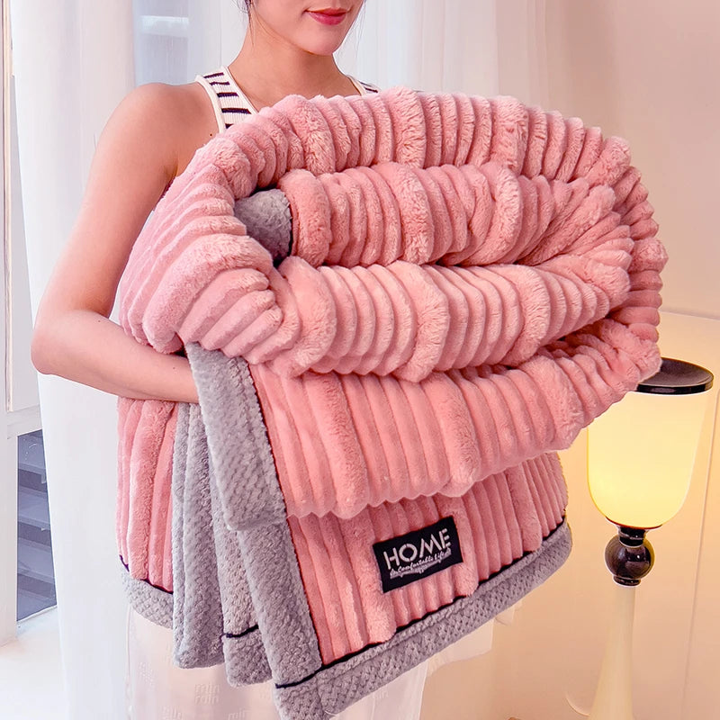 Imitation Rabbit Plush Striped Spring Autumn Warm Blankets Soft Fluffy Warmth Sofa Blankets for Throw Napping Shawl Blanket Leg