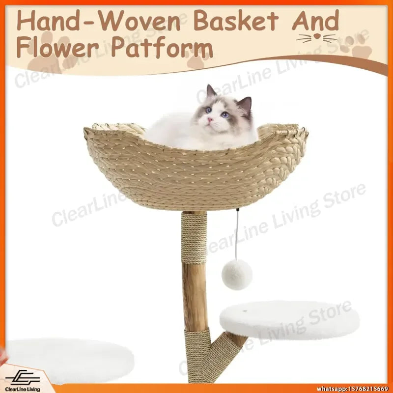 Multi-Level Cat Tree Tower with Cozy Bed Wicker Basket Condo Wooden Scratching Post Climbing Activity Center for Cats Indoor